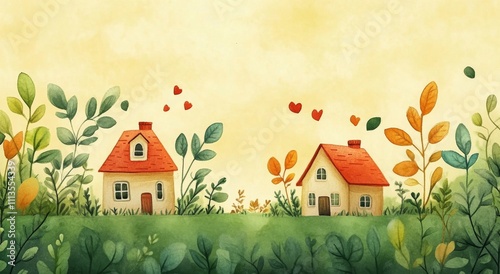 Autumn landscape with two cozy houses and colorful leaves floating in the breeze