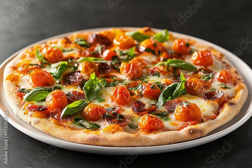 Fresh tomato and basil pizza on cooling rack after baking in kitchen oven