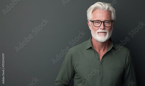 Senior man with gray hair and beard poses confidently against dark background