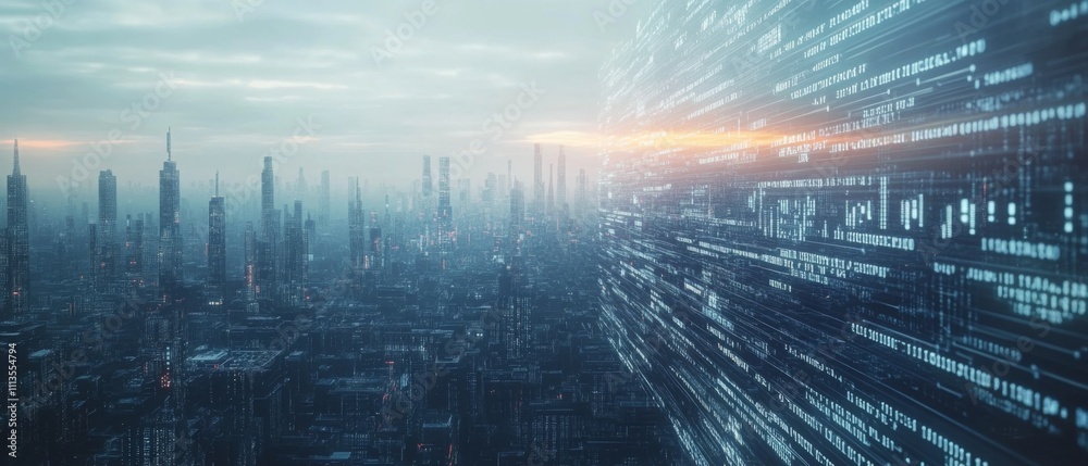 Obraz premium Futuristic Cityscape with Digital Data Streams and Skyscrapers at Sunset