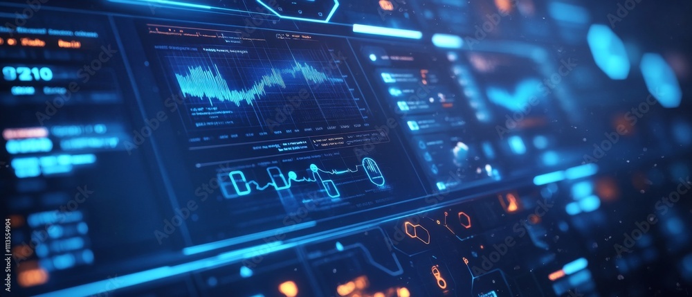 Futuristic Digital Interface with Data Analytics and Graphs on a High-Tech Screen in a Modern Technology Environment