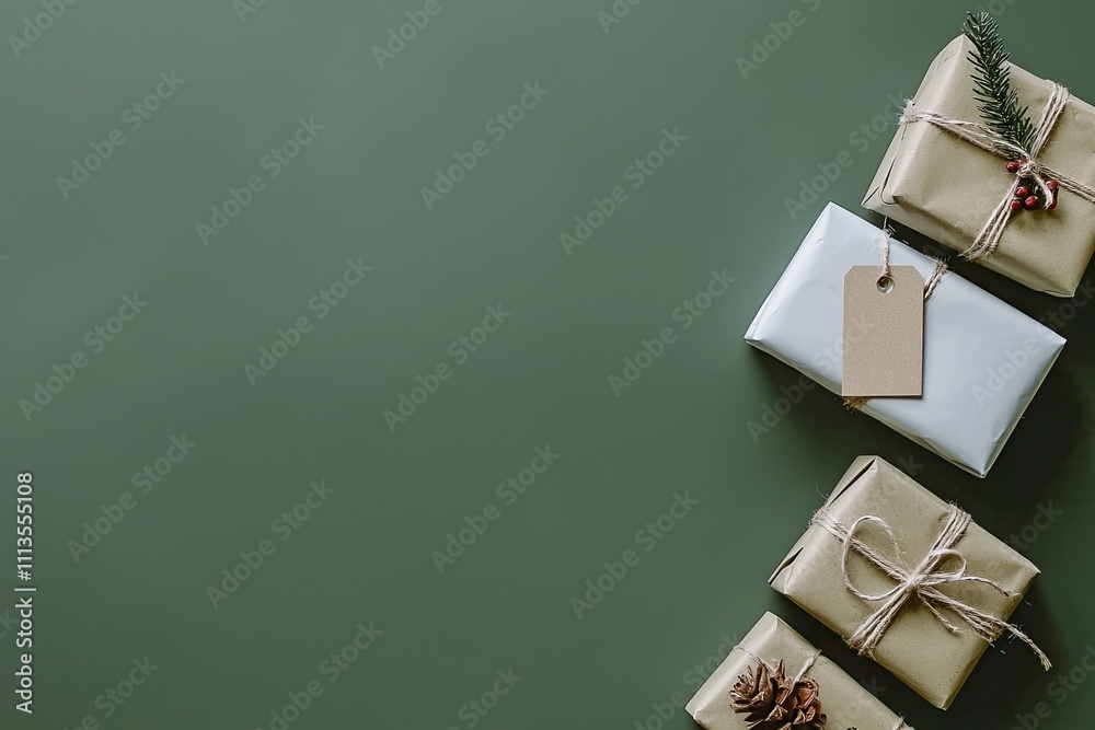Christmas gifts wrapped in kraft paper on a green background, flat lay top view, minimalist style Christmas gifts wrapped in kraft paper on a green background, flat lay top view, minimalist style