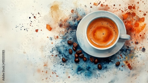 Coffee cup spills over with grounds and beans on a light marble surface near ...