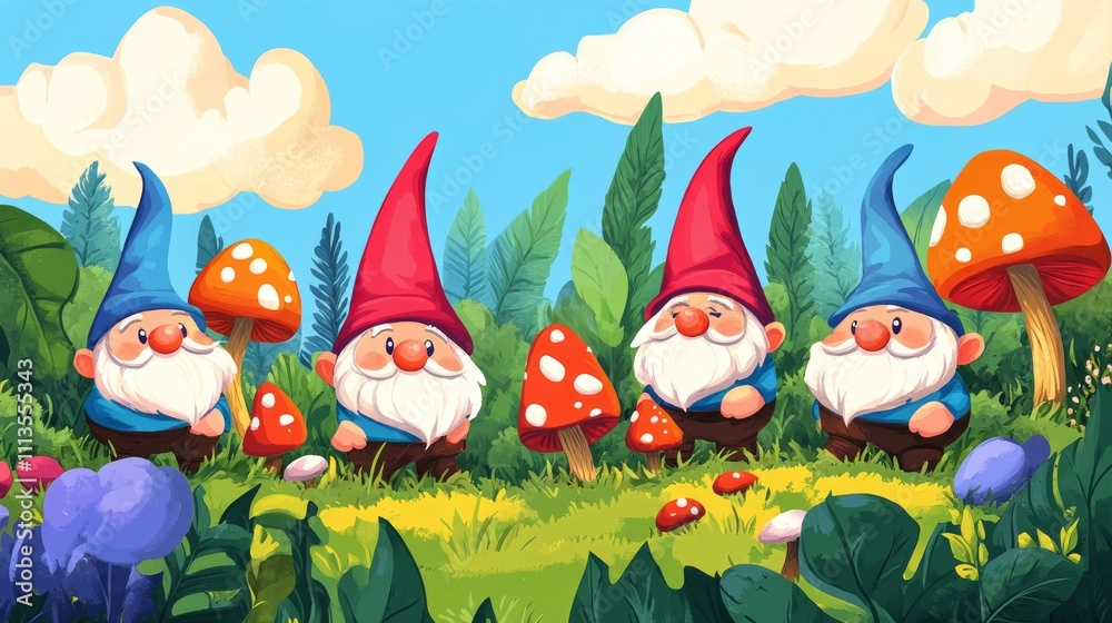 Naklejka premium Gnomes in a vibrant garden with mushrooms and wildflowers during a sunny day
