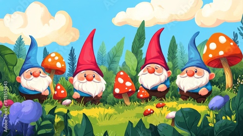 Gnomes in a vibrant garden with mushrooms and wildflowers during a sunny day