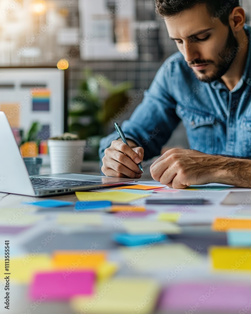 Modern Brainstorming Session with Vibrant Sticky Notes in Minimalist Workspace Modern Brainstorming Session with Vibrant Sticky Notes in Minimalist Workspace