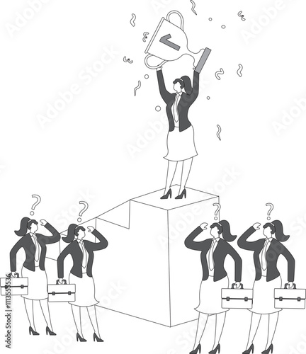 Career Competition or Leadership, Career Skills Advantage, Career Skills Gap, Winners in Competition, Group of Failed Businesswomen Looking at the Successful One Standing at the Top of the Stairs