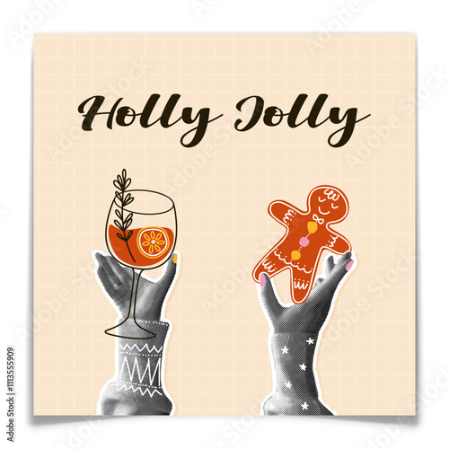 Christmas greeting card with halftone hands. Elegant New Year postcard with torn paper collage elements. Hand drawn mulled wine glass and gingerbread man. Retro newspaper concept. Vector illustration.