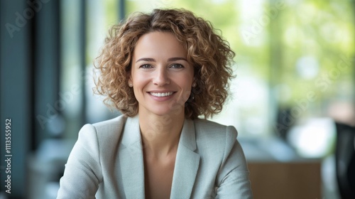 Business professional with curly hair smiles confidently in modern office set...
