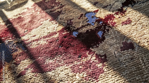 Stained Carpet: A carpet with blotchy wine stains and muddy footprints, the marks of a busy household where life’s messes are ever-present.
 photo