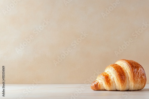 Delicious golden croissant placed on a light surface with delicate floral dec...
