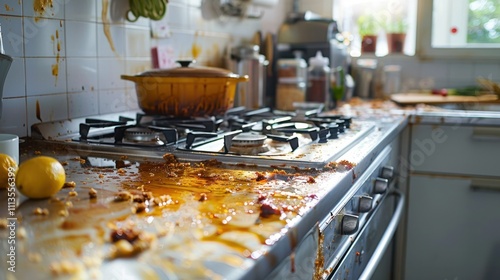 Greasy Kitchen Counter: The countertop is covered in visible oil streaks and food crumbs, with a faint smell of overcooked grease lingering in the air.
