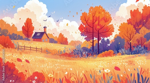Colorful autumn landscape with a cozy cottage and vibrant foliage during a su...