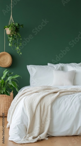Cozy bedroom design with green accent wall and natural textures