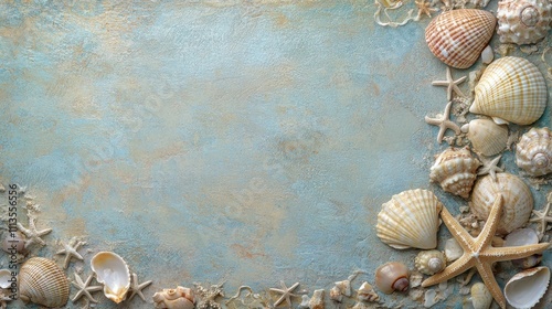 Decorative seashells and starfish arranged on a soft blue background for beac...
