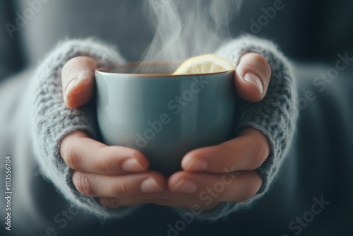 Warm drink in cozy hands during cold weather with lemon slice on top