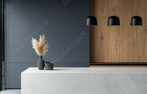 Modern minimalist kitchen interior with stylish bar and decor features