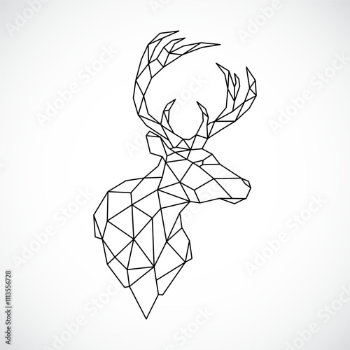 Geometric deer head, low poly style design, minimalist black lines on white.