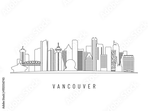 Detailed Vancouver skyline vector illustration. Vancouver buildings in line art style, perfect for modern designs.