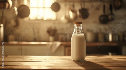 Vintage milk bottle placed on wooden table in a cozy kitchen during late afte...