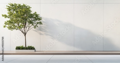 Simple potted tree casting shadows on a wall in a minimalist space during day...