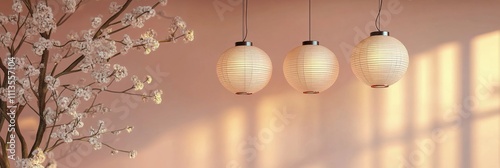 Soft pink lanterns hang gracefully among cherry blossoms in a serene setting