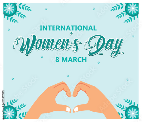 International Women Day Celebration with heart hands sign on a blue background. 