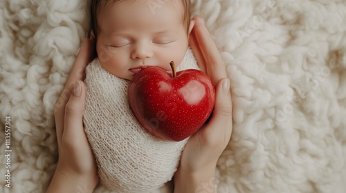 Newborn peacefully sleeps with a red apple in hand, showcasing love and innoc...