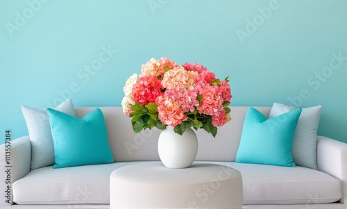 Comfortable living room setup with colorful flower arrangement and soft cushions