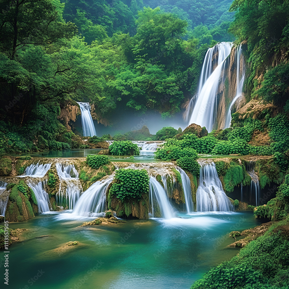 Naklejka premium waterfall in kanchanaburi country, waterfall in the forest