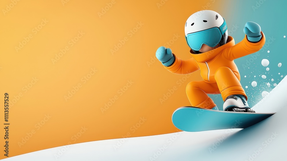 A cartoon character in orange snow gear is snowboarding down a hill A cartoon character in orange snow gear is snowboarding down a hill