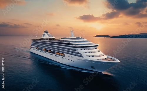 Luxury cruise ship sails across calm ocean at sunset near tropical destination