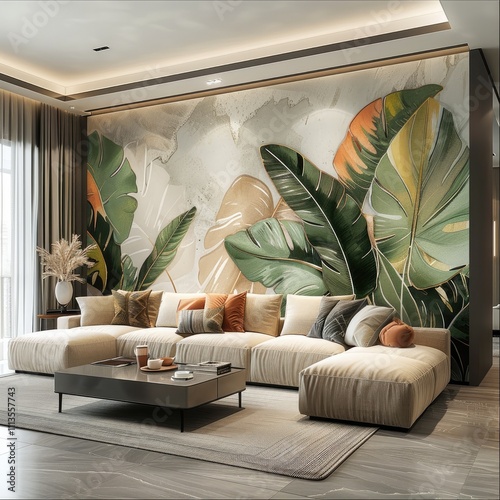 A modern living room with a bright, minimalist design. The focal point is a stylish wall mural featuring a contemporary tropical theme, with oversized, detailed banana plants in muted green.