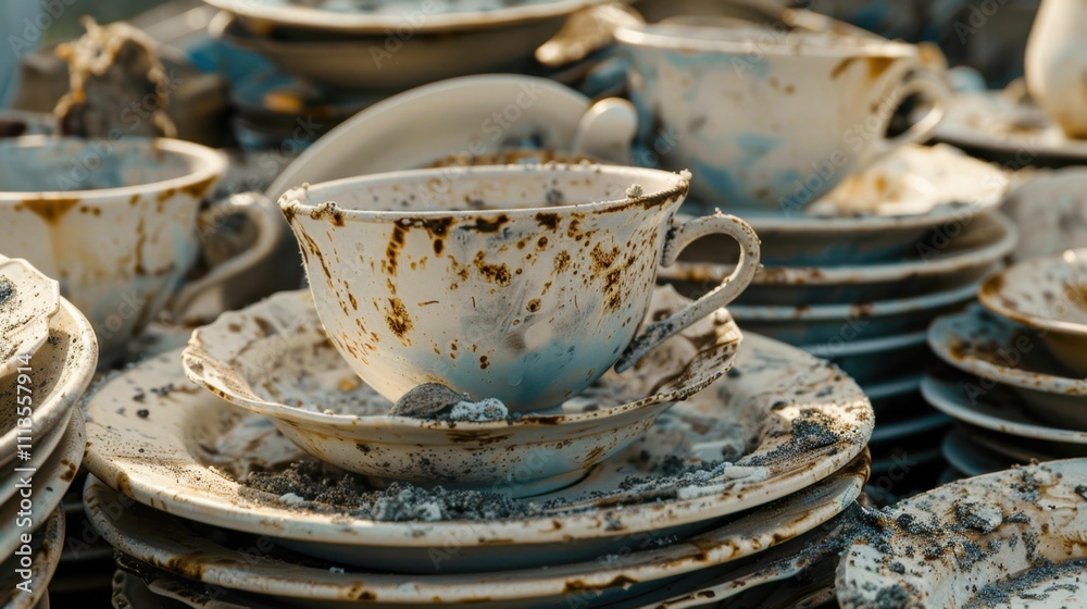 Fototapeta premium Unwashed Dishes: A stack of dishes, encrusted with dried food and leftovers, releases a sour, unpleasant odor of spoiled food, making the kitchen feel unclean. 