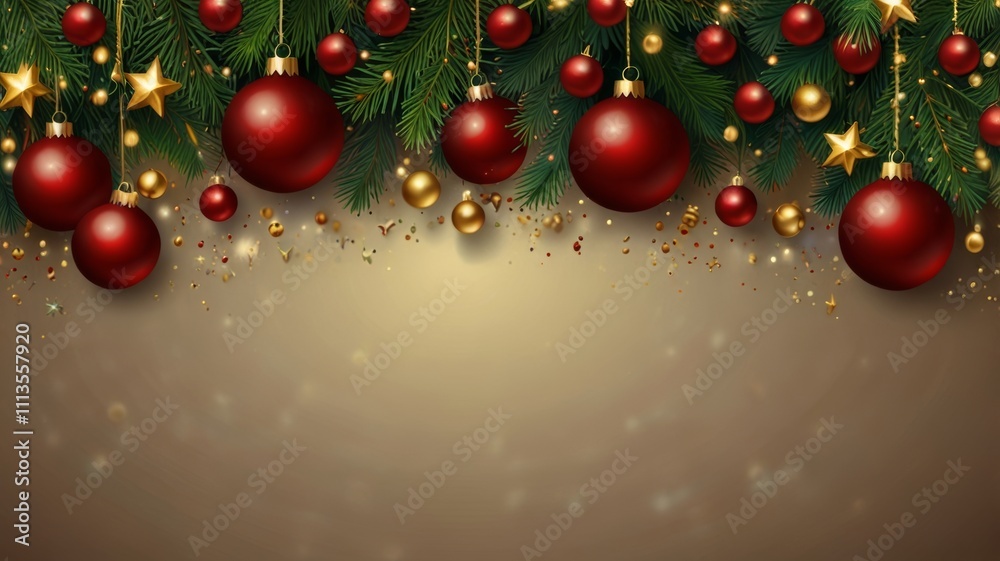 A collection of vivid red and gold ornaments hangs amidst lush green pine branches and sparkling stars, creating a glorious festive display fit for any holiday celebration. A collection of vivid red and gold ornaments hangs amidst lush green pine branches and sparkling stars, creating a glorious festive display fit for any holiday celebration.