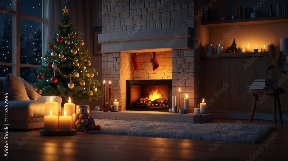 A cozy winter scene displays a beautifully decorated Christmas tree beside a glowing fireplace, surrounded by candles, exuding warmth and holiday spirit in a homey atmosphere. A cozy winter scene displays a beautifully decorated Christmas tree beside a glowing fireplace, surrounded by candles, exuding warmth and holiday spirit in a homey atmosphere.