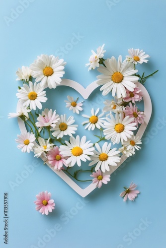 White daisies surround a heart shaped cutout on a blue background with flower...