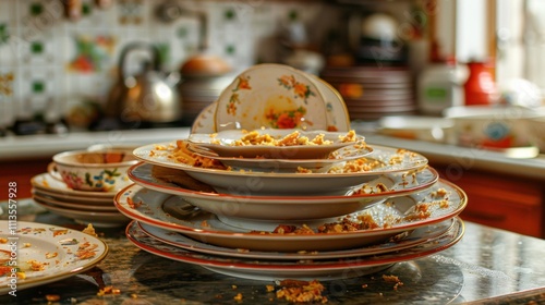 Unwashed Dishes: Dirty plates and cups, caked with leftover food, emit a sour, rancid smell, a sign of unwashed dishes left to rot in the sink.
