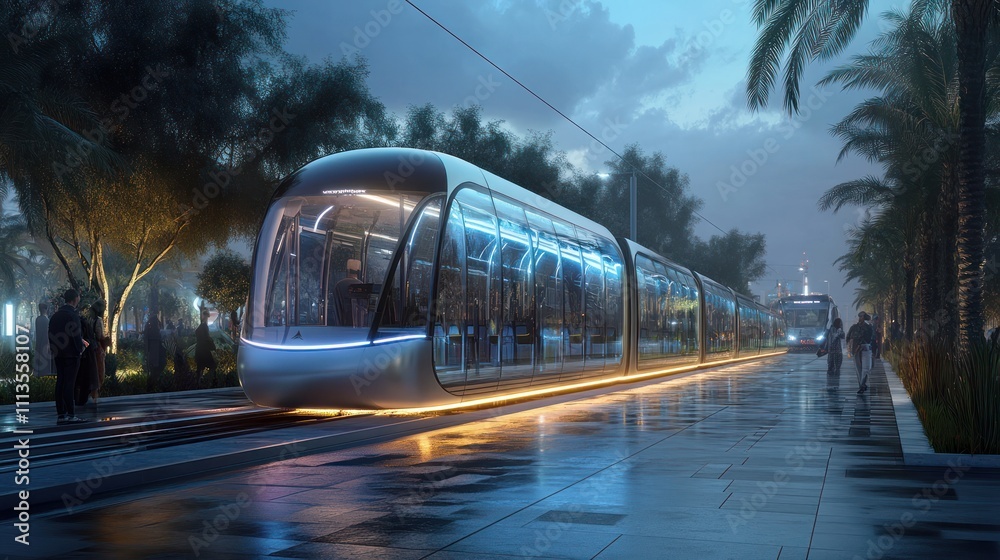 Obraz premium Public transportation options visualized with modern buses, trams, and eco-friendly systems