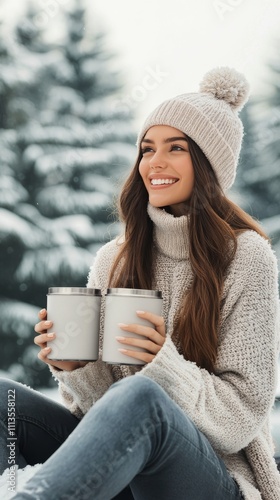 Woman enjoys warm drinks outdoors in snowy winter setting with trees in the b...