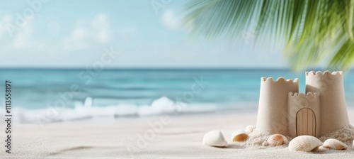 Sand castle on a beach with shells and turquoise water in the background duri...