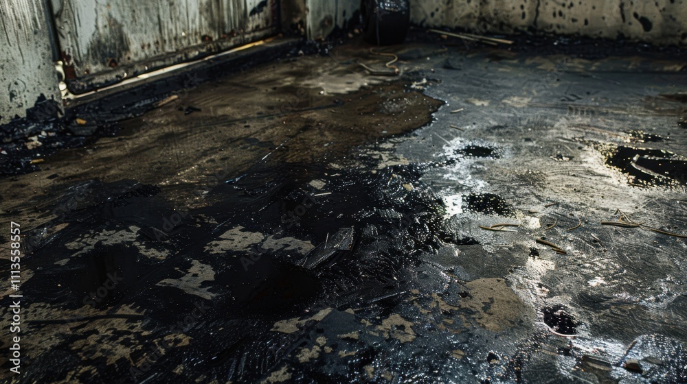 Oil-Stained Garage Floor: A concrete floor covered in dark, sticky motor oil stains and dirt, showing the aftermath of years of engine work and neglect.
Oil-Stained Garage Floor: A concrete floor covered in dark, sticky motor oil stains and dirt, showing the aftermath of years of engine work and neglect.