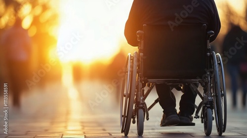 Man in wheelchair enjoys sunset while surrounded by people walking in urban area