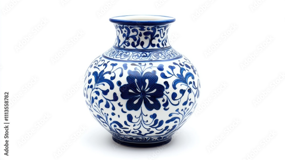 A decorative blue and white ceramic vase featuring intricate floral designs. A decorative blue and white ceramic vase featuring intricate floral designs.
