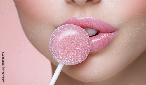 Close up of a woman holding a pink lollipop against a soft pink background