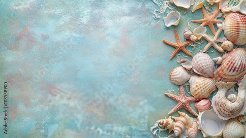 Decorative seashells and starfish arranged on a soft blue background for beac...