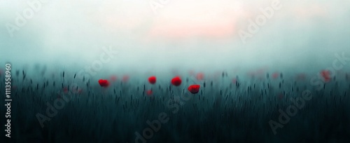 Beautiful poppy field under a dramatic cloudy sky in a serene valley at dawn