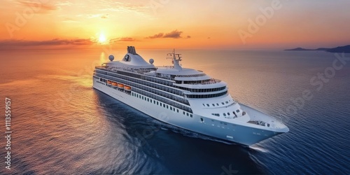 Majestic cruise ship sails through the ocean at sunset near a vibrant horizon