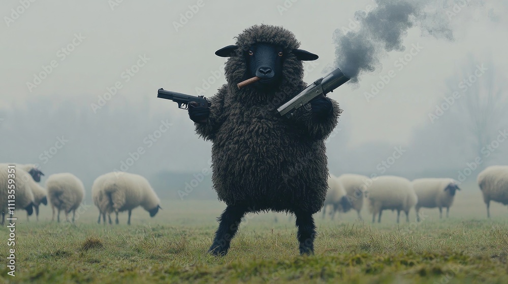 Obraz premium full length front view, of a black sheep standing on his hind legs with a cigar hanging out of the side of it's mouth with fumes it's holding a pump action shot gun with it's front legs,