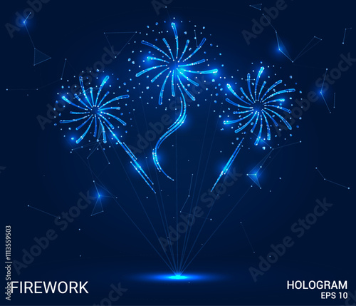 Hologram firework. Firework made of polygons, triangles, dots, and lines. Low-poly firework structure of connections. Technology concept vector.